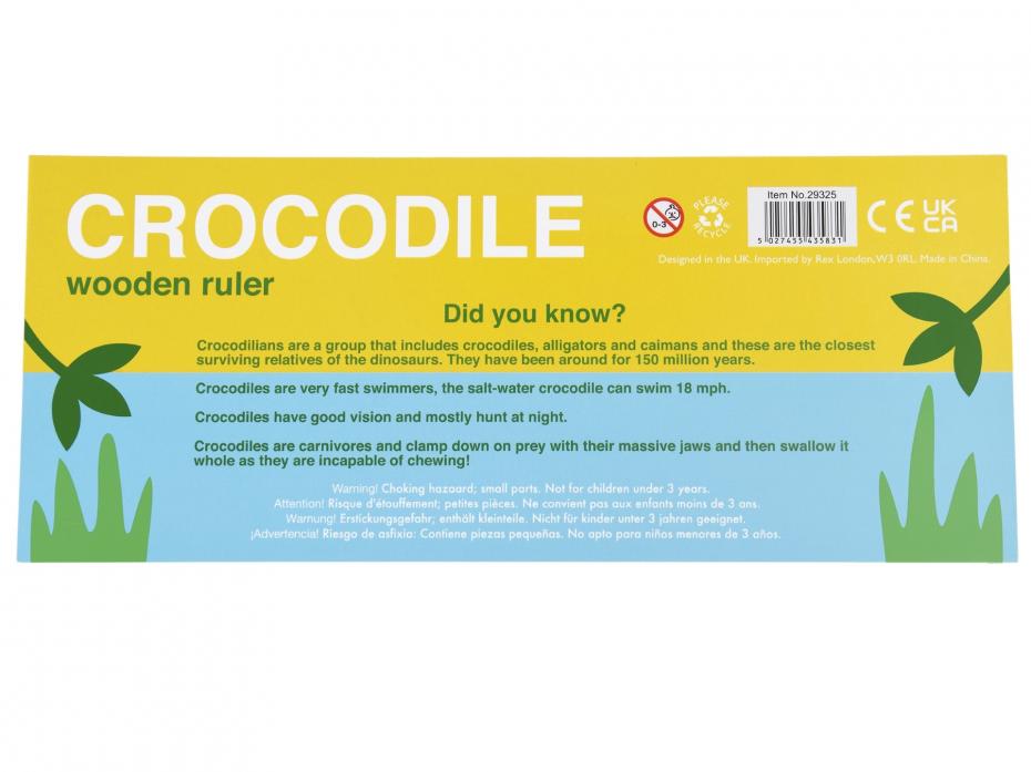 Example of fun animal facts on ruler packaging - wooden crocodile ruler